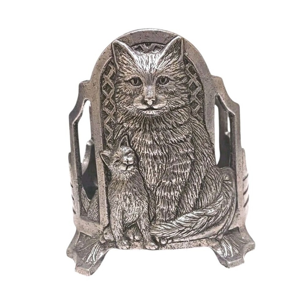 Vintage Cat & Kitten Pewter Large Jar Candle Holder Footed Cast Metal Carson EUC